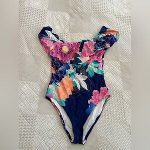 Trina Turk Navy Floral One-Piece Swimsuit with Pink, blue off shoulder size 14